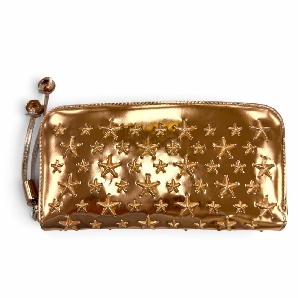 JIMMY CHOO Leather Star Studded Round Zip Long Wallet, Tea Rose Metallic, Mad...
